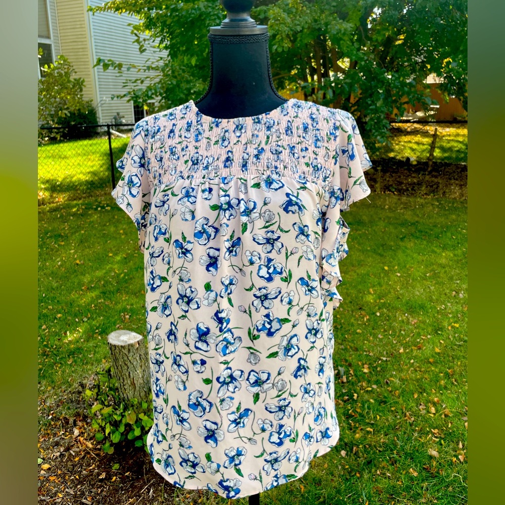Blush blouse with blue and green flowers